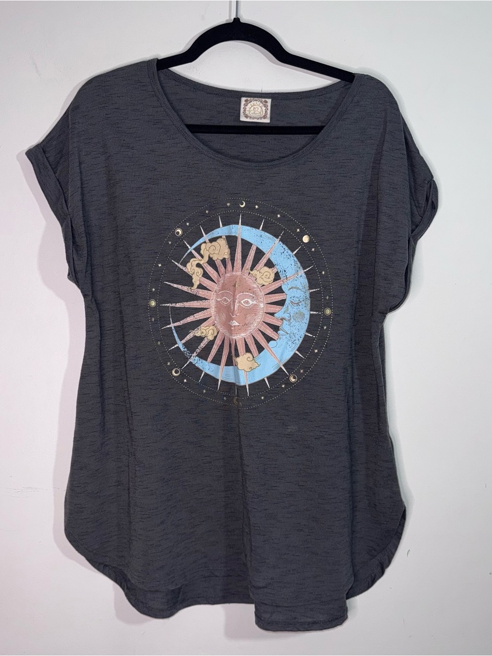 Celestial Sun Moon Graphic Top Charcoal Gray Rolled Sleeve Boho Astrology